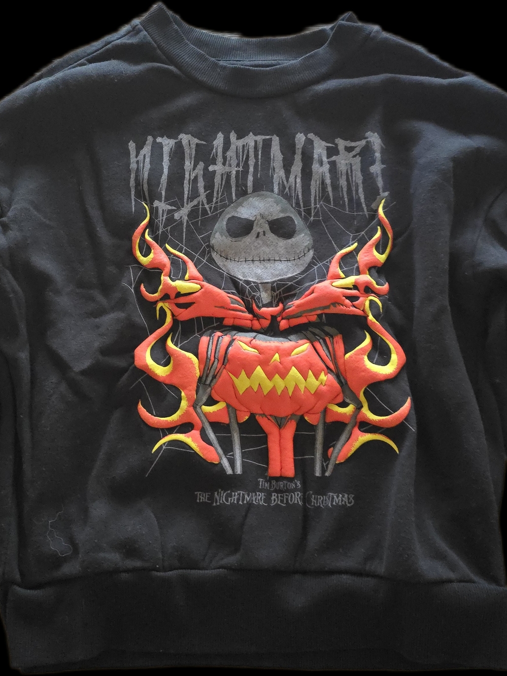 Disney Black Crewneck Sweater with Red and Yellow Pumpkin Flame Graphic
